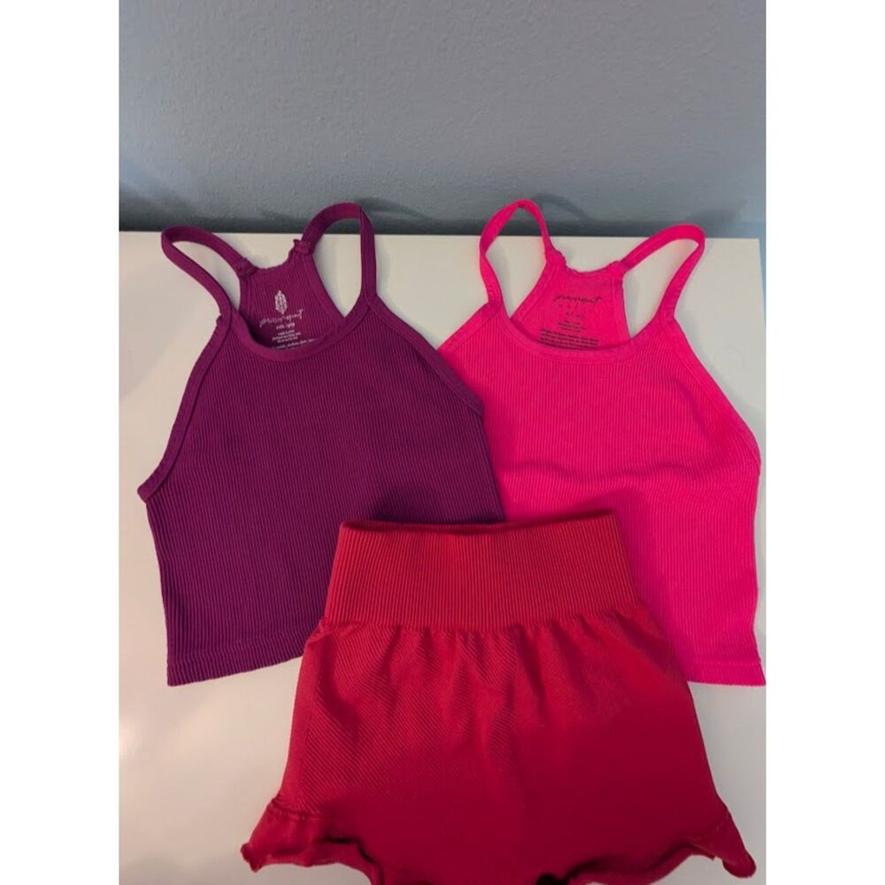 Bundle THREE Free People Movement Seamless Halter Tank Tops ruffle shorts pink